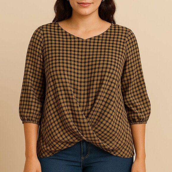 Christopher & Banks 3/4 sleeve yellow flannel print knot front high/low top M - Picture 1 of 11